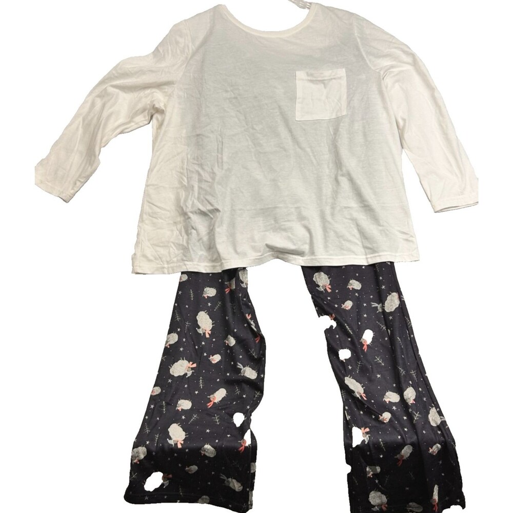 CJ Banks Pajama Set 1X Sheep Print Pants White Long Sleeve Top Cozy Lounge